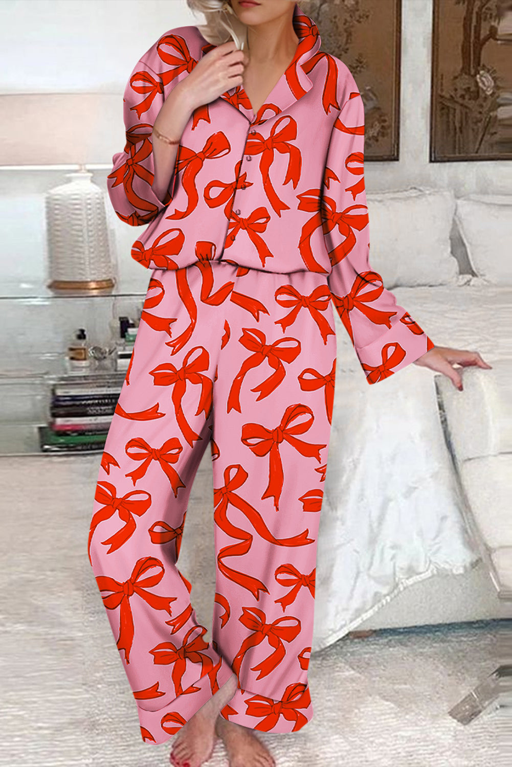 Pink 2pcs Bow Print Pajama Set – Shirt Style, Long Sleeve for Valentine’s