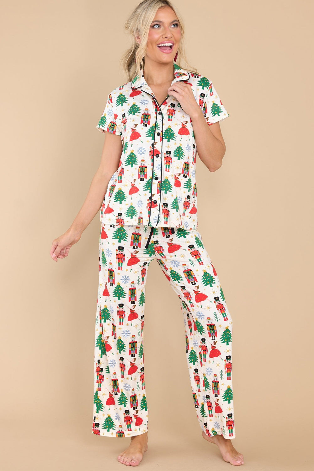 White Printed Pattern Buttoned Two Piece Sleepwear
