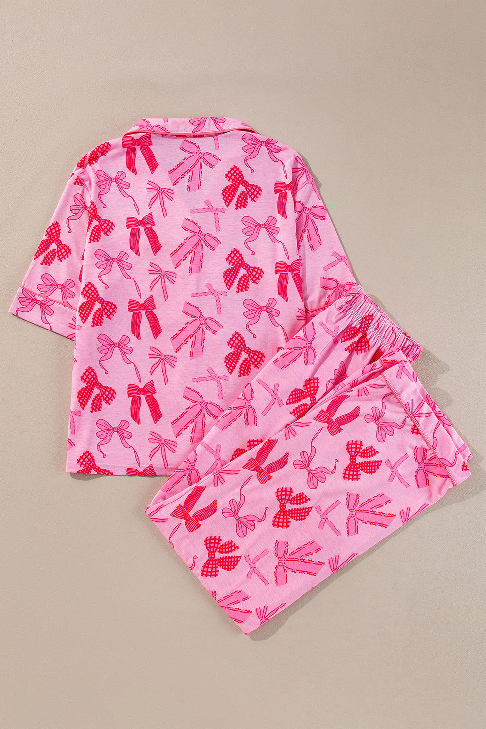 Pink Bow Knot Print Pajama Set – Lapel Collar, Short Sleeve & Pants for Valentine’s