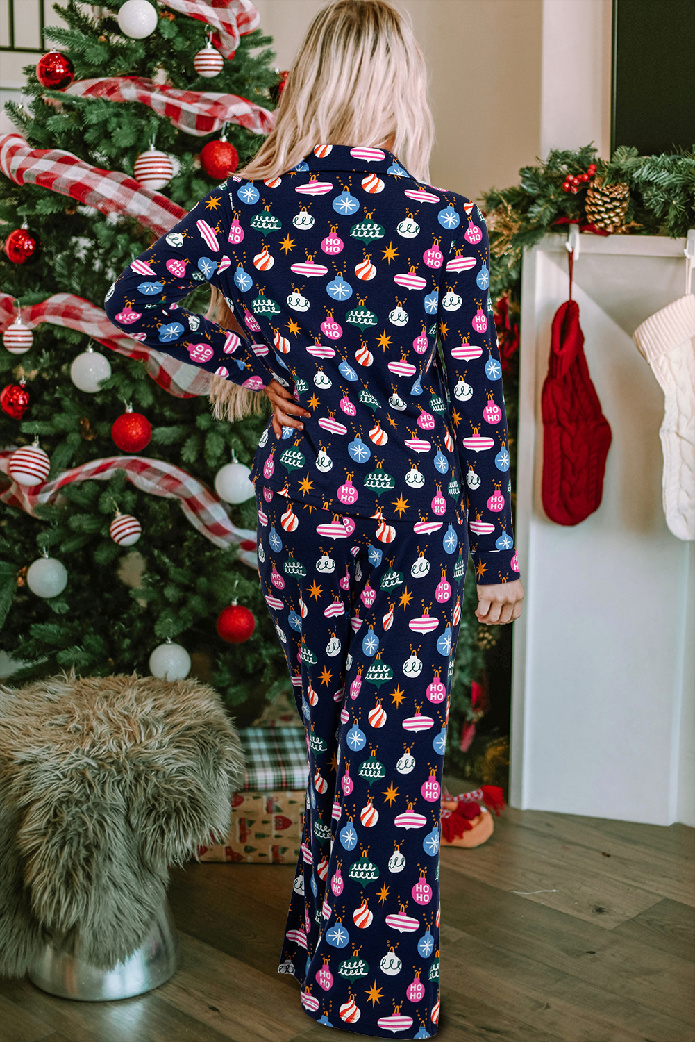 Navy Blue Colorful Lights Print Shirt and Pants Pajama Set