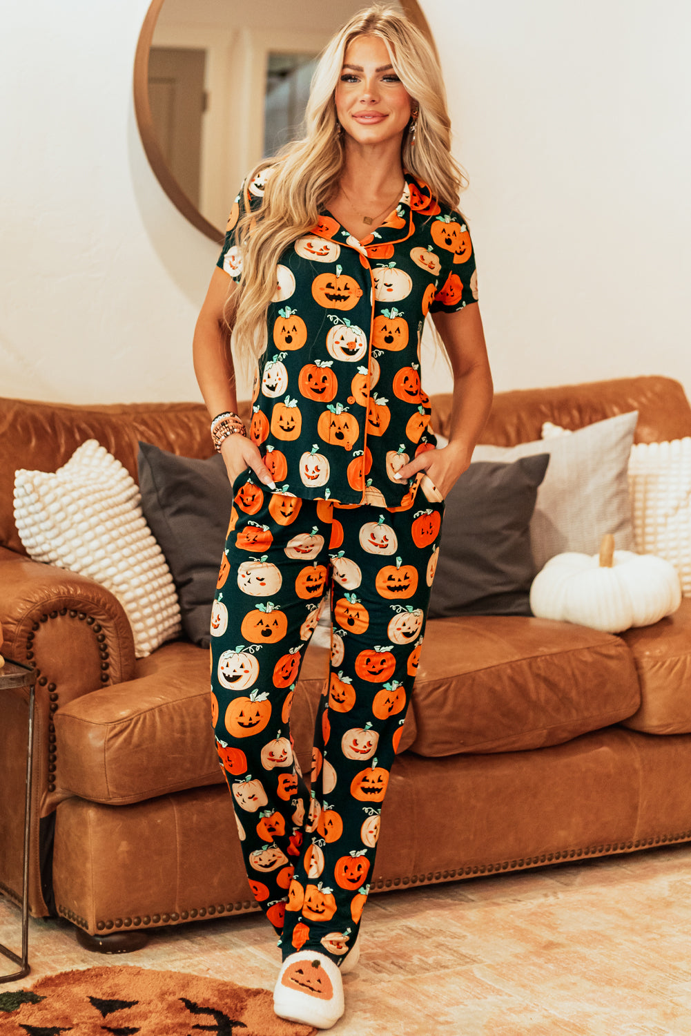 Orange Pattern Short Sleeve Shirt Pajama Set