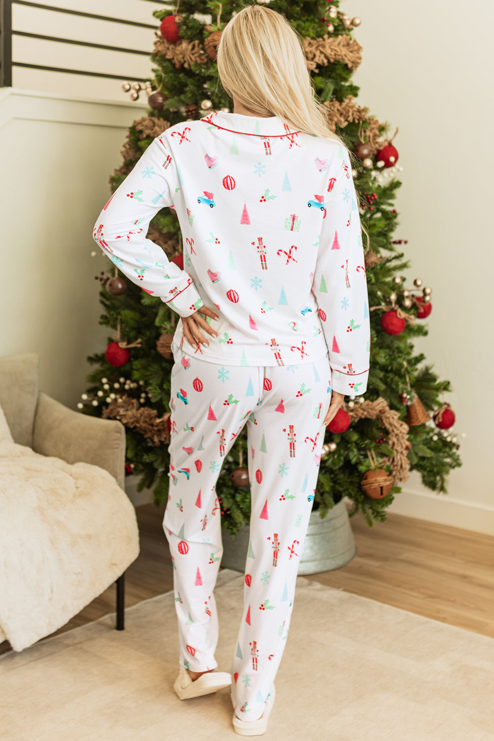 White Print Lapel Shirt and Pants Sleepwear