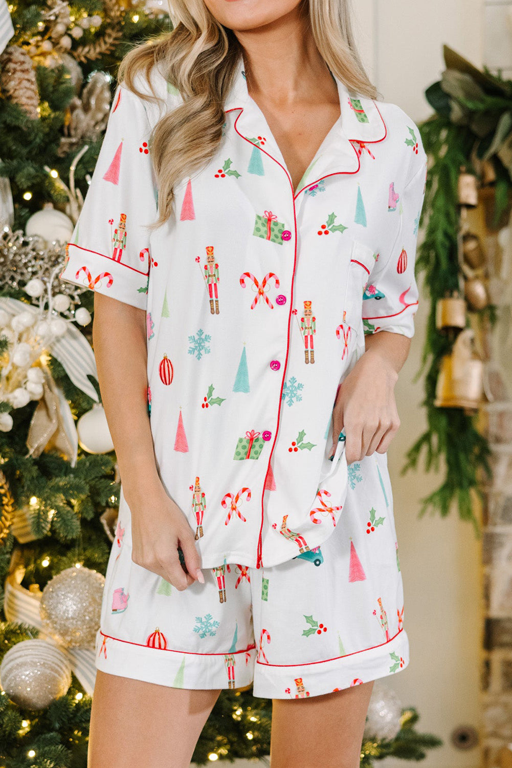White Print Short Sleeve Shirt and Shorts Pajama Set
