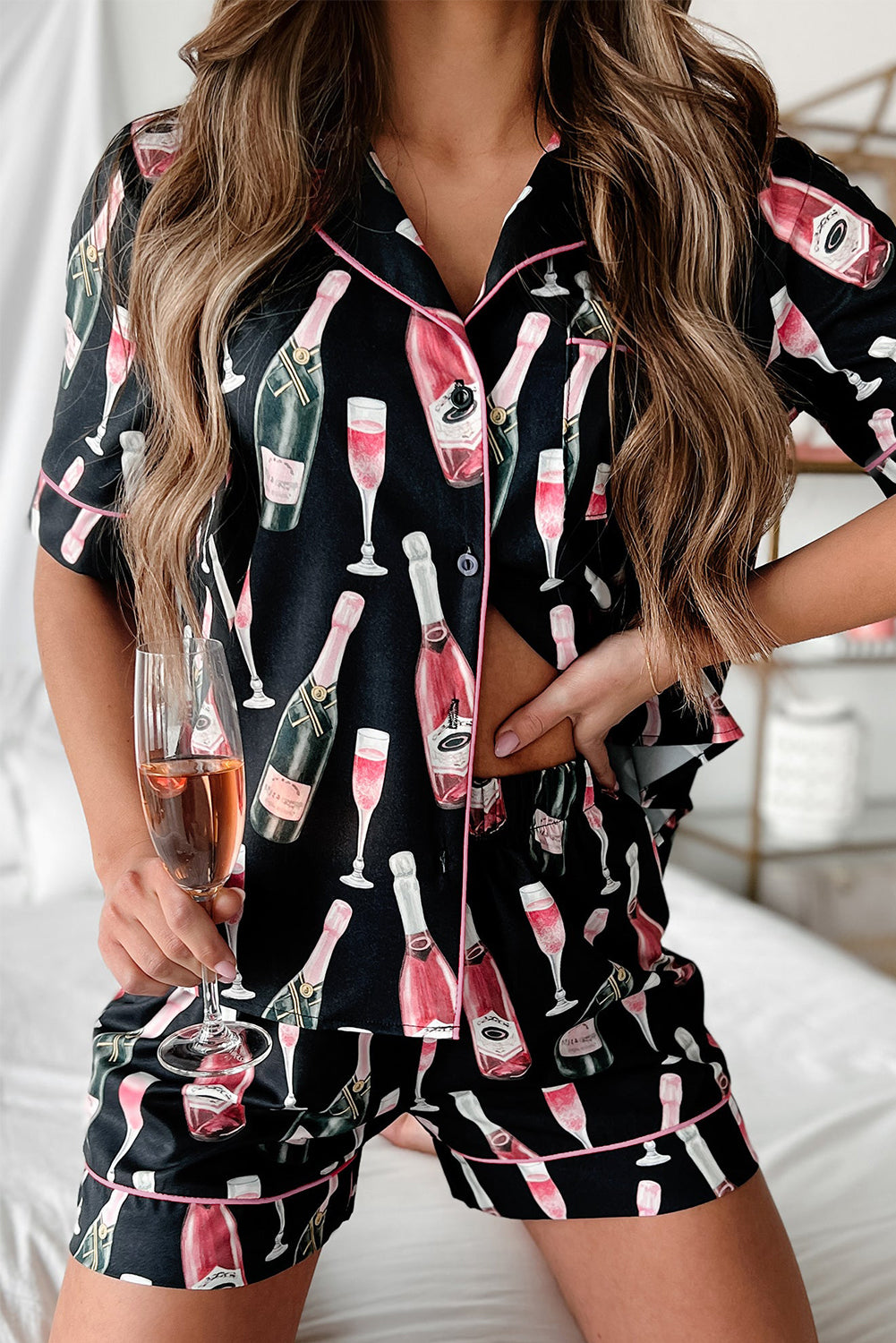 Black Champagne Print Silky Pajama Set – Short Sleeve for Valentine’s
