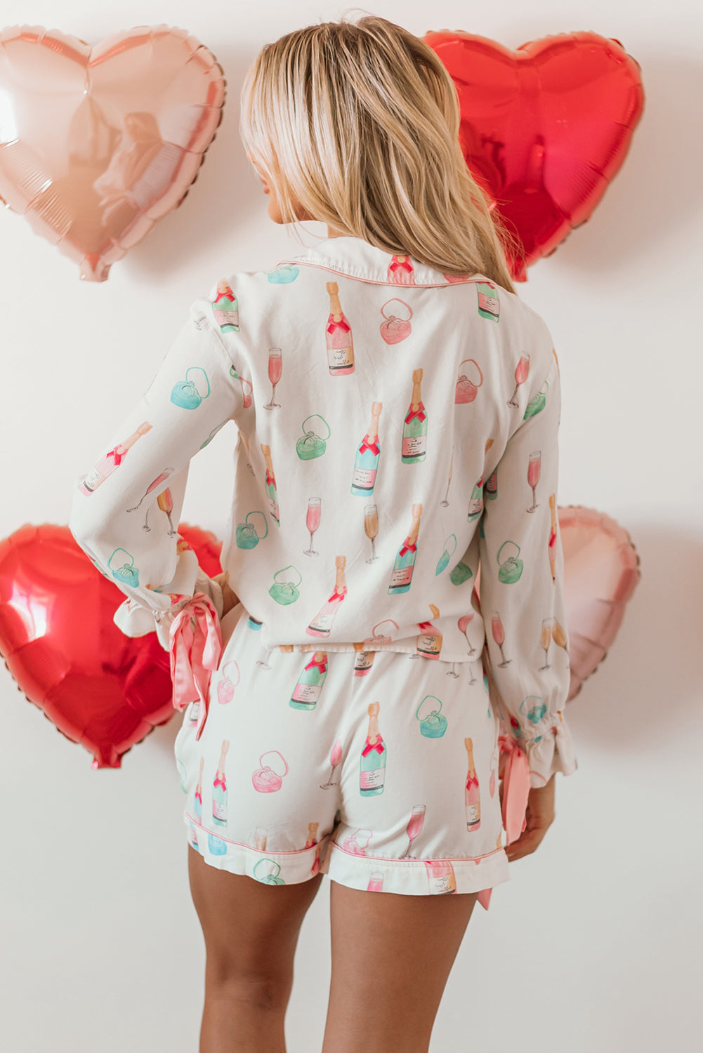 White Wine Glass Print Bow Knot Two Piece Pajama Set