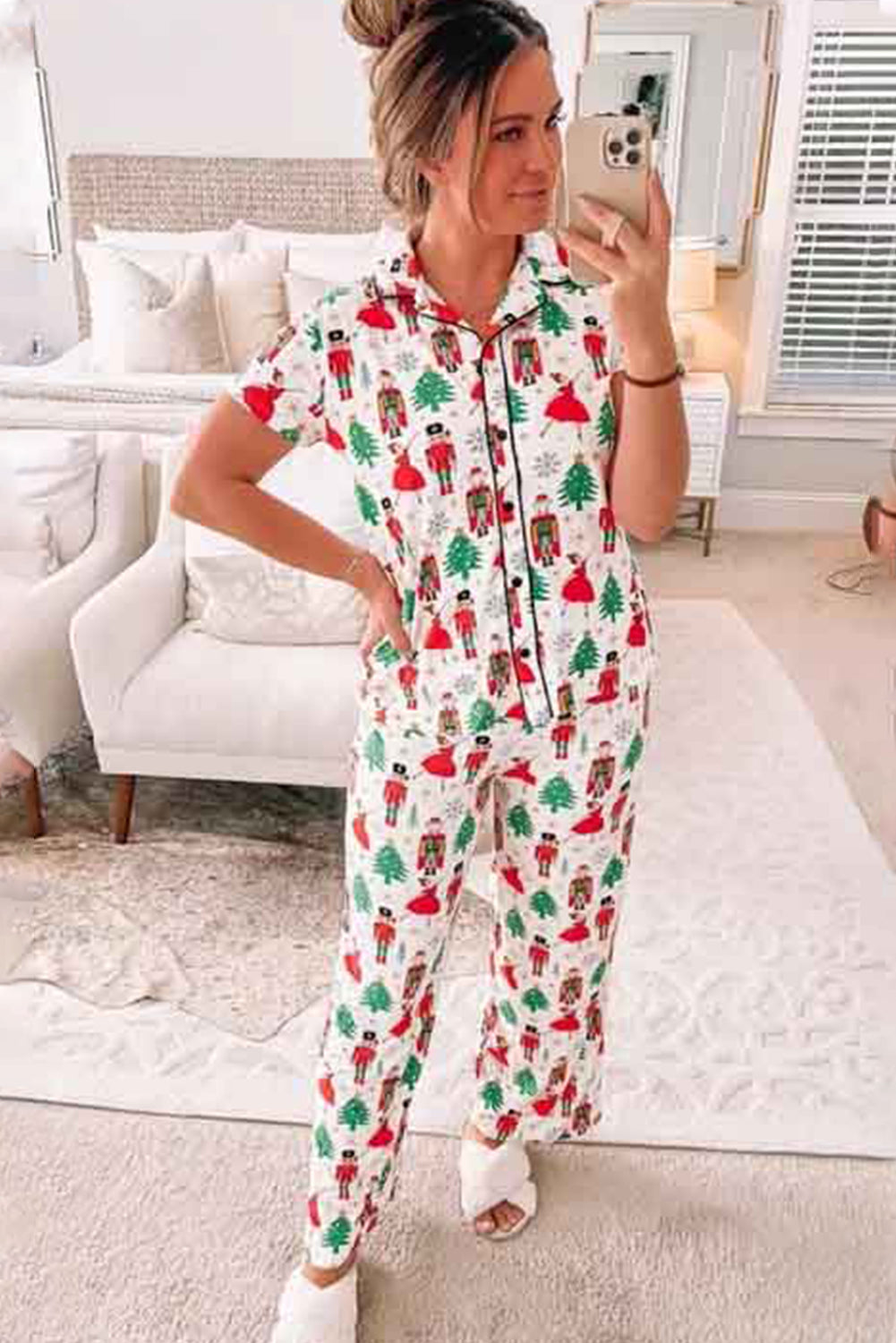 White Printed Pattern Buttoned Two Piece Sleepwear