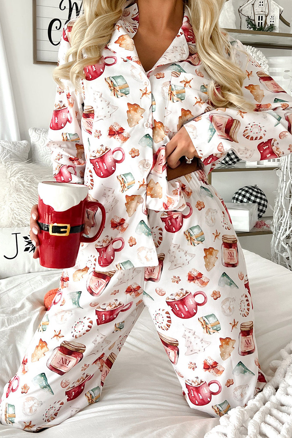 White Pattern Long Sleeve Shirt and Pants Pajama Set