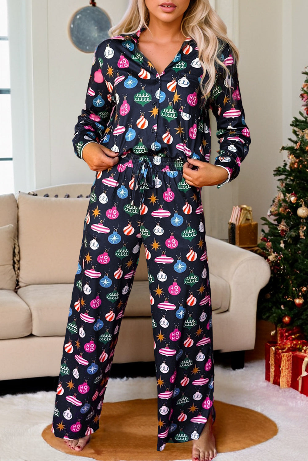 Navy Blue Colorful Lights Print Shirt and Pants Pajama Set