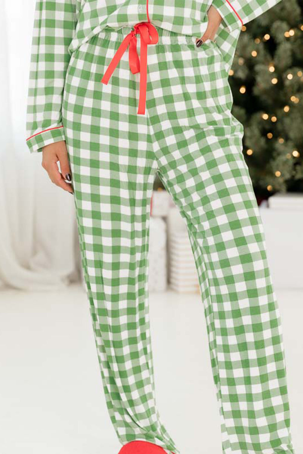Light Green Plaid Print Shirt and Pants Pajama Set