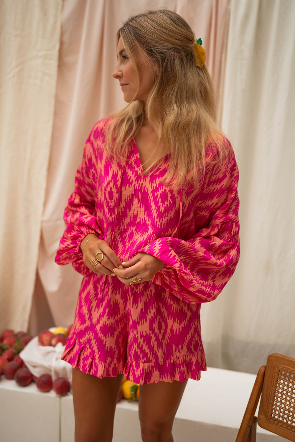 Valentine’s Rose Aztec Print Top & Ruffled Shorts Set – Stylish & Comfy