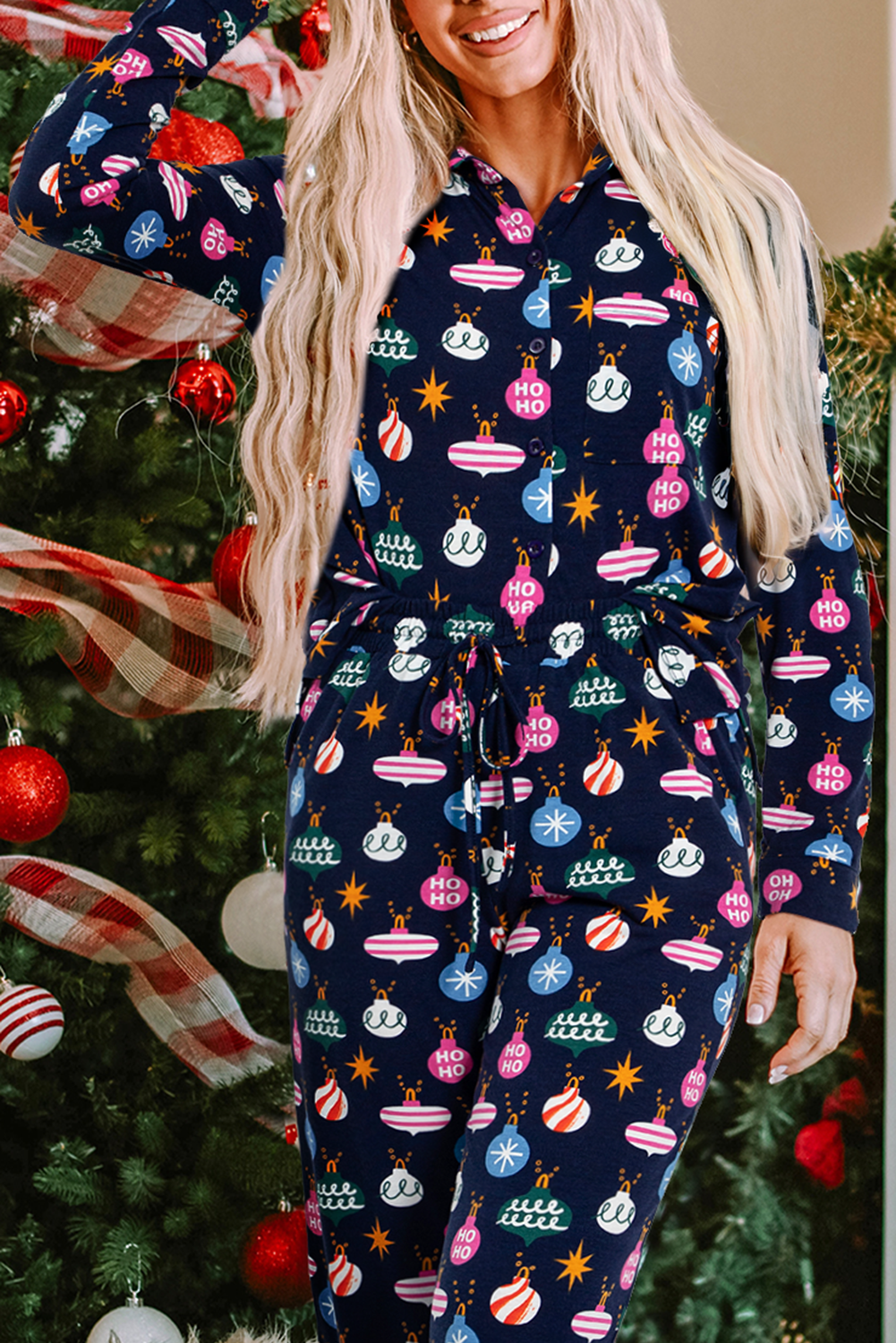Navy Blue Colorful Lights Print Shirt and Pants Pajama Set