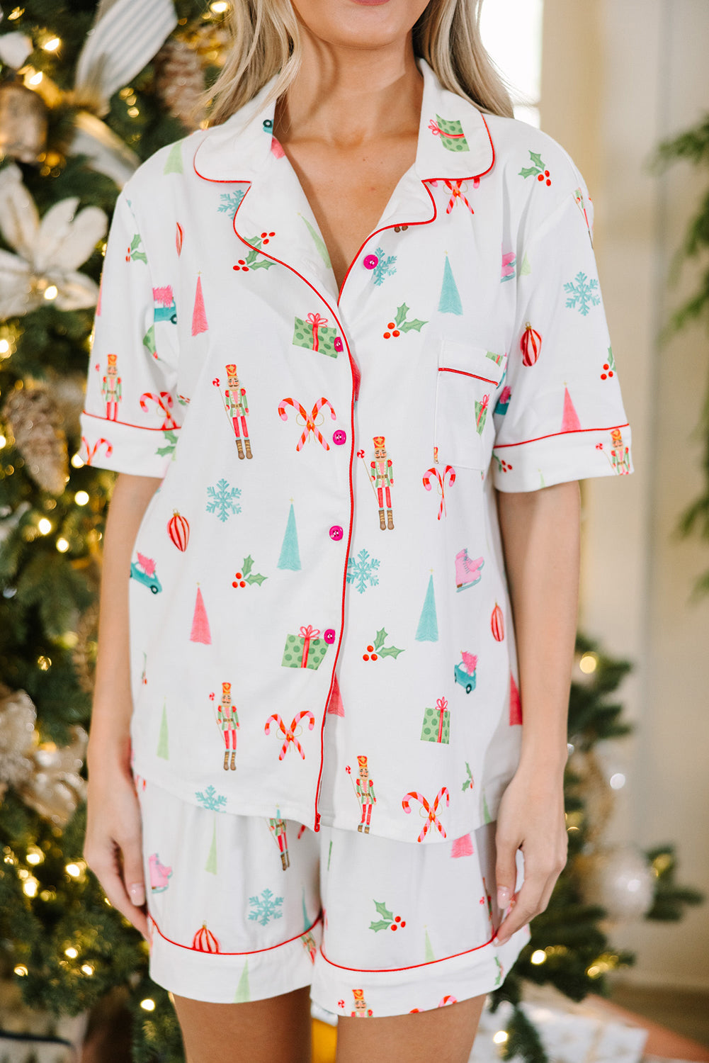 White Print Short Sleeve Shirt and Shorts Pajama Set