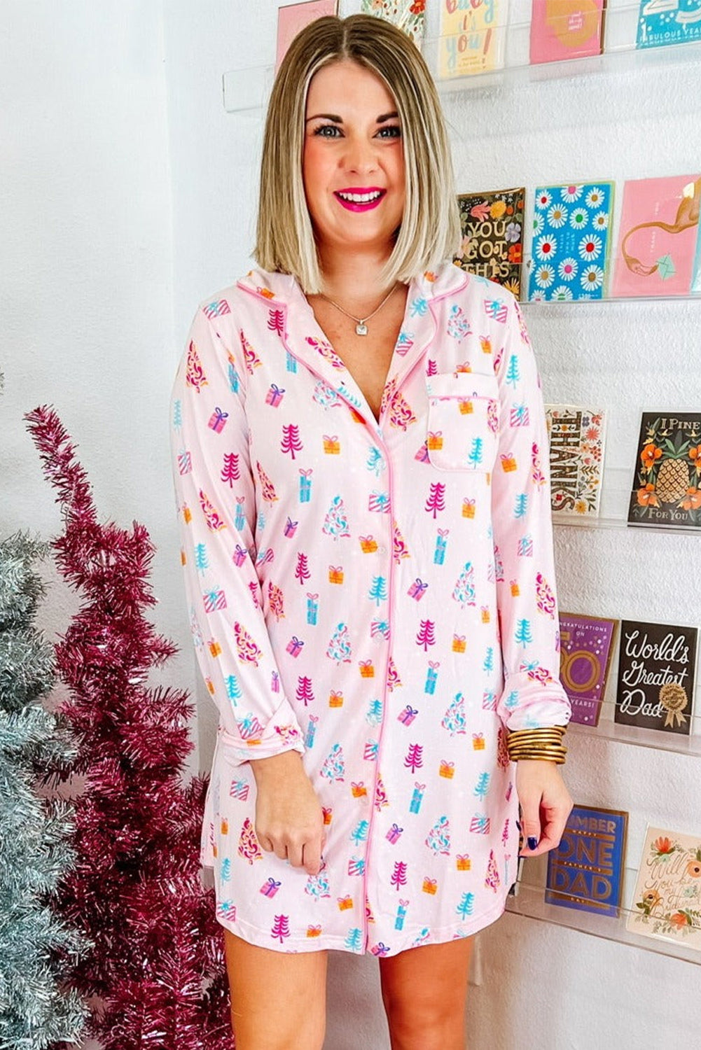 Pink Twinkle Tree Print Sleep Dress for Valentine’s – Cozy & Cute