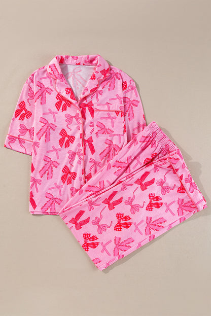 Pink Bow Knot Print Pajama Set – Lapel Collar, Short Sleeve & Pants for Valentine’s