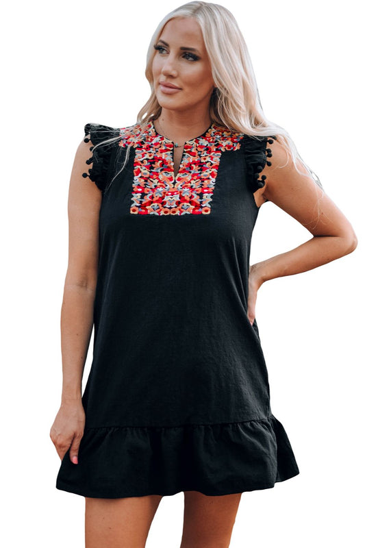 Black Boho Print Pompom Sleeve Mini Dress | Floral Detailing