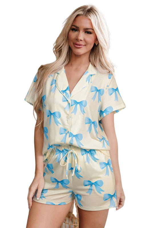 Yellow Bow Print Valentine’s Pajama Set – Short Sleeve Shirt & Shorts