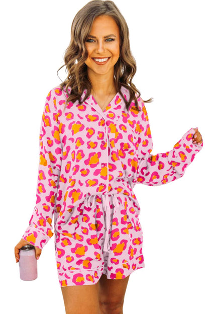 Pink Valentine’s Leopard Print Pajama Set – Long Sleeve Shirt & Shorts