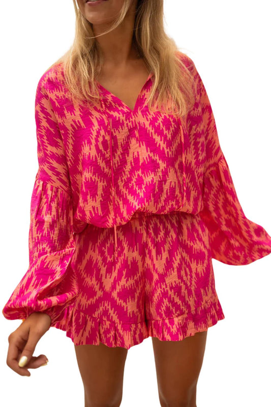 Valentine’s Rose Aztec Print Top & Ruffled Shorts Set – Stylish & Comfy