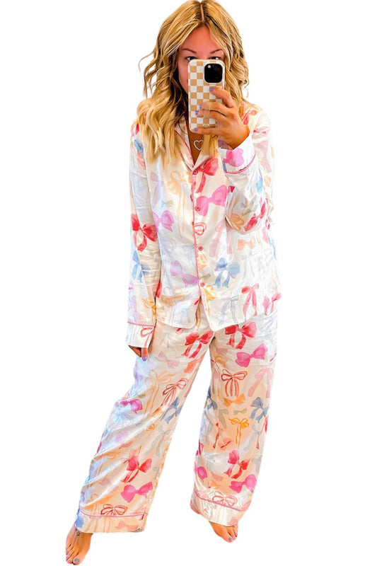 White Bow Knot Print Lapel Collar Wide Leg Satin Pajama Set