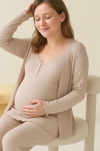 Alina 3 Piece Maternity Pajama Set -  Long Sleeve, Vest & Pants for Pregnancy & Nursing