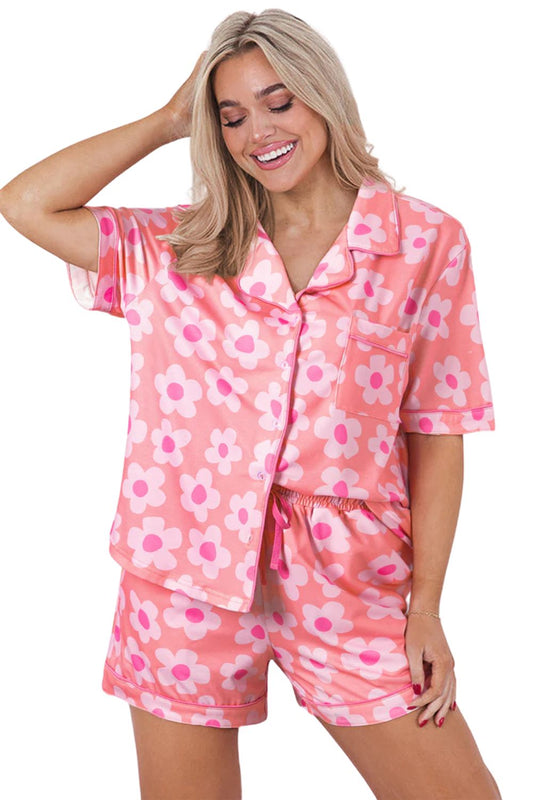 Pink Valentine’s Flower Print Pajama Set – Short Sleeve Shirt & Shorts