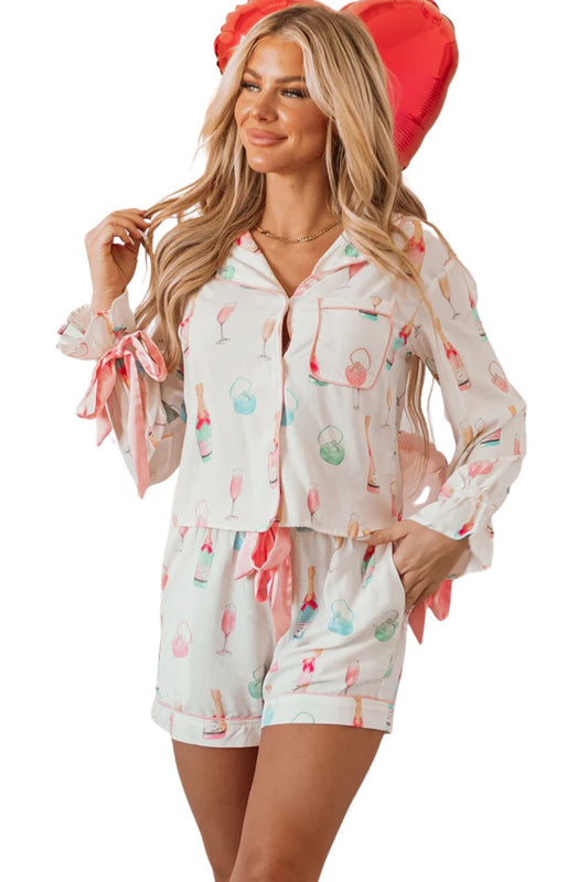 White Wine Glass Print Bow Knot Two Piece Pajama Set