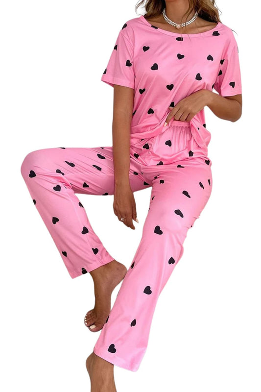 Pink Valentines Heart Print Tee and Pants Lounge Set