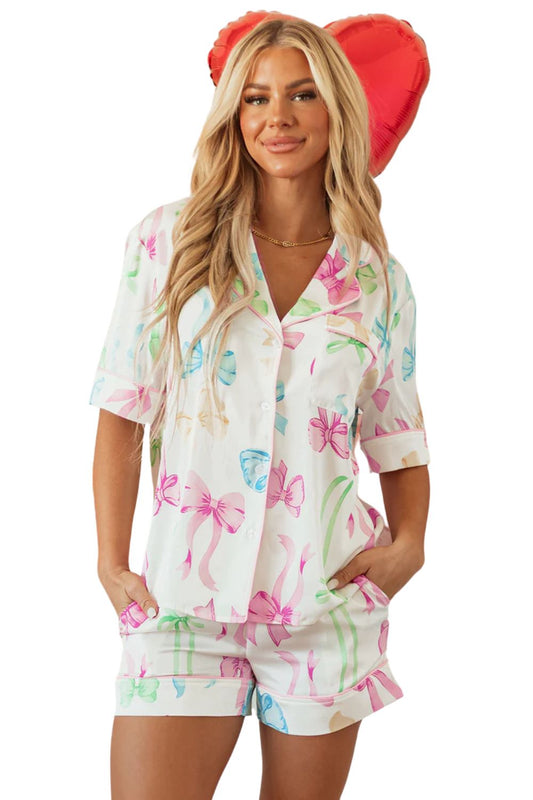 White Bowknot Print Buttoned Shirt High Waist Shorts Pajama Set