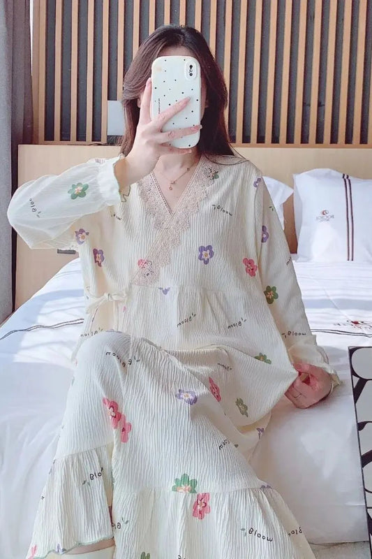 Mariella Maternity Nursing Nightgown – Lace Patchwork V Neck Sleepwear