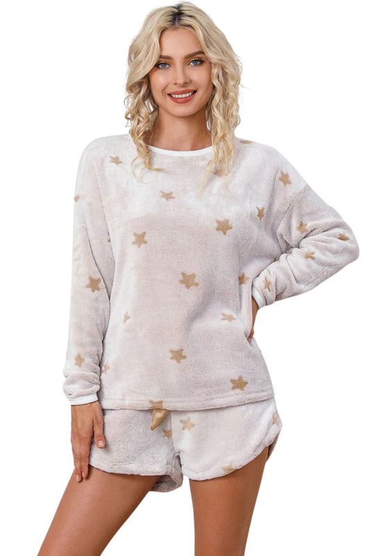 White Plush Star Pattern Long Sleeve Pullover and Shorts Lounge Set