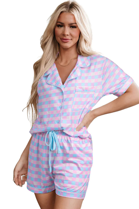 Valentine’s Purple Checkered Pajama Set – Short Sleeve Comfort & Style