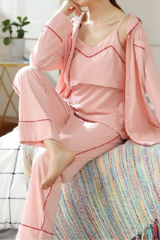 Jillian 3 Piece Cotton Maternity Pajama Set - Nursing Dress