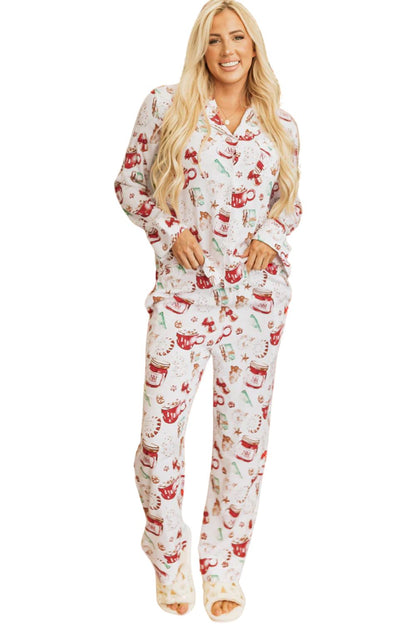 White Pattern Long Sleeve Shirt and Pants Pajama Set