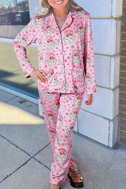 Pink Santa Claus Snowflake Long Sleeve Shirt Pajama Set