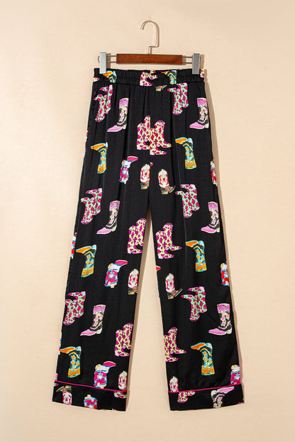 Black Western Cowgirl Boots Printed Satin Long Pajama Set