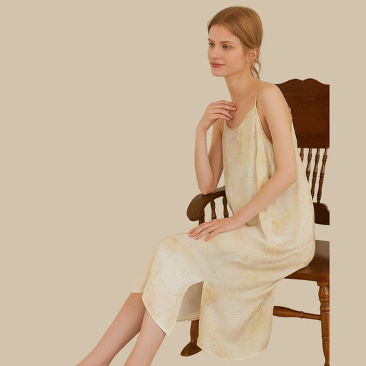 Sherrie Elegant Satin Nightgown – Bamboo Print Sleepwear