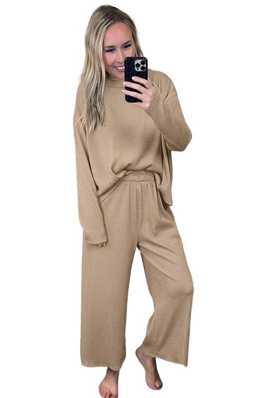 Smoke Gray Loose Textured Pullover and Pants Outfit
