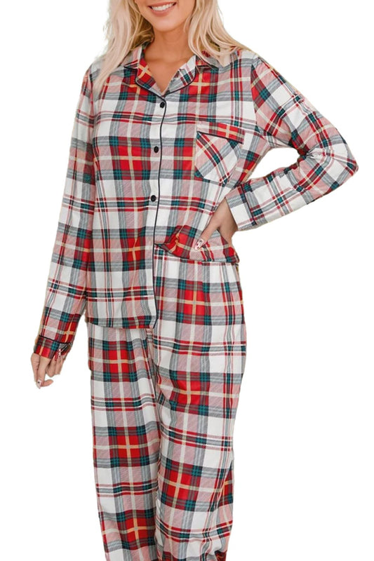 Red Plaid Print Two Piece Long Sleeve Pajamas Set