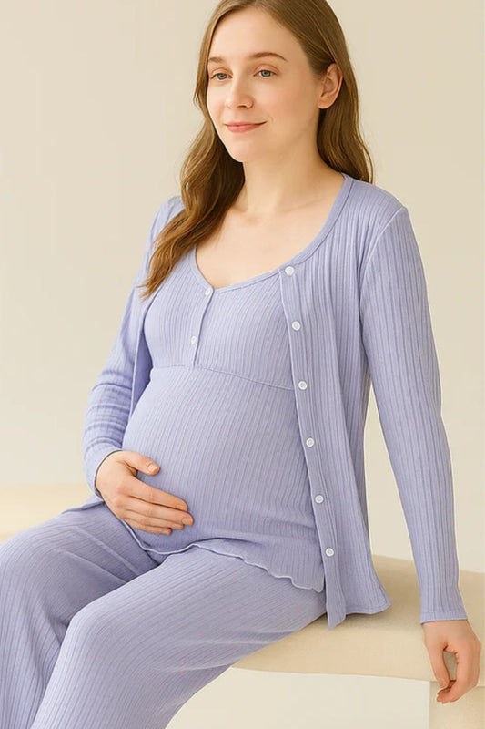 Alina 3 Piece Maternity Pajama Set -  Long Sleeve, Vest & Pants for Pregnancy & Nursing