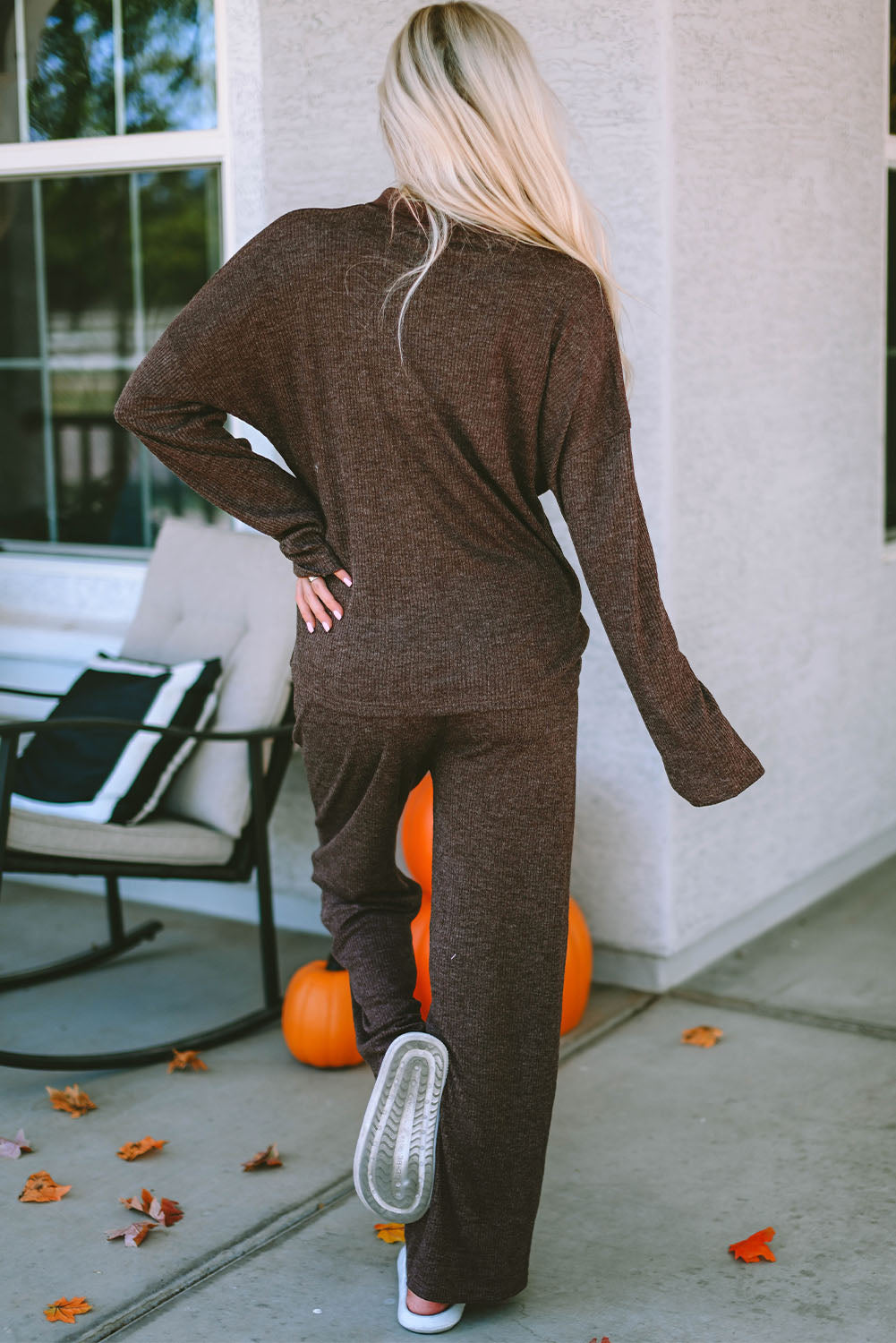 Brown Ribbed Knit Collared Henley Top and Pants Lounge Outfit