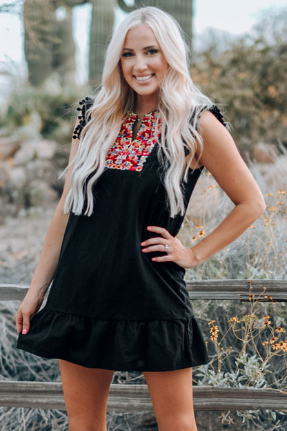 Black Boho Print Pompom Sleeve Mini Dress | Floral Detailing