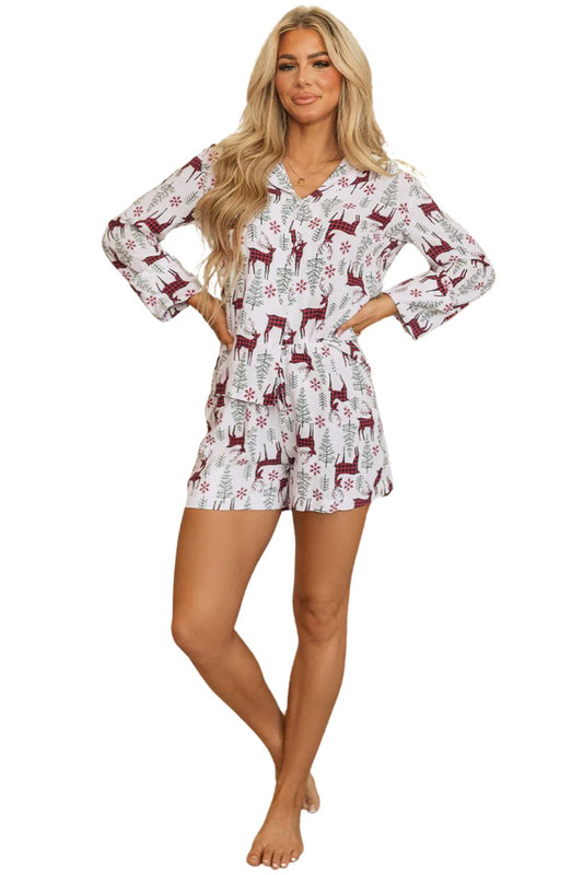 White Deer Printed Shirt and Shorts Lounge Set