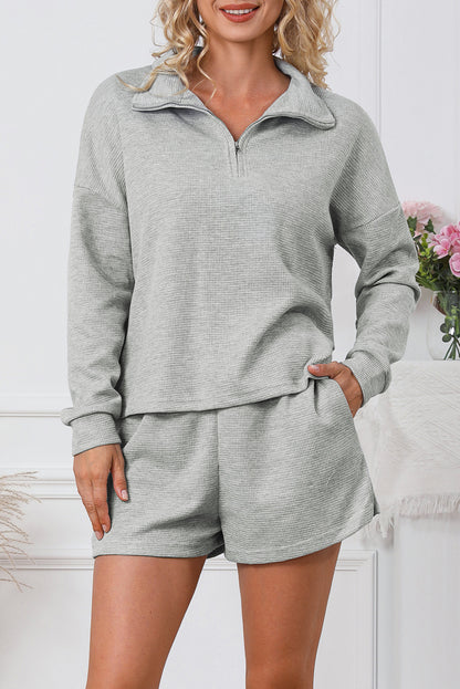 Gray Ribbed Zipper Sweatshirt and High Waist Shorts Set