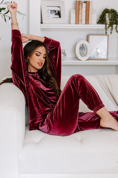 Fiery Red Solid Velvet Two Piece Lounge Set