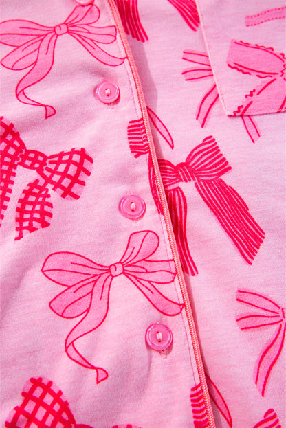 Pink Bow Knot Print Pajama Set – Lapel Collar, Short Sleeve & Pants for Valentine’s