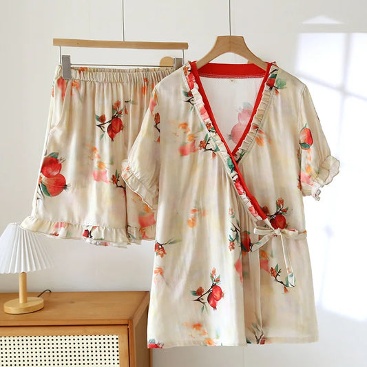 Ayla Bamboo Cotton Summer Pajamas Set – Kimono Robe & Shorts