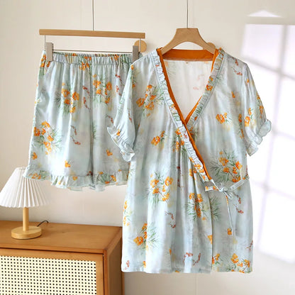 Ayla Bamboo Cotton Summer Pajamas Set – Kimono Robe & Shorts