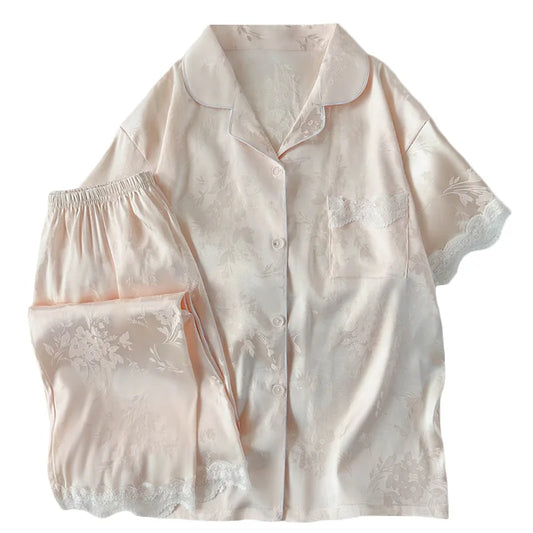 Sybil Women’s Ice Silk Pajamas – Bamboo Short Sleeve Top & Long Pants