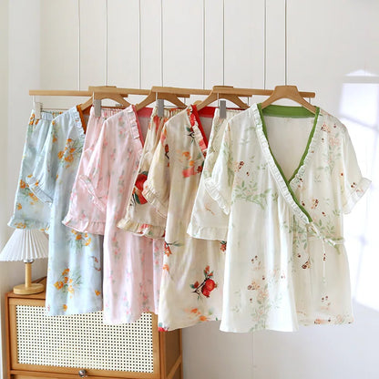 Ayla Bamboo Cotton Summer Pajamas Set – Kimono Robe & Shorts