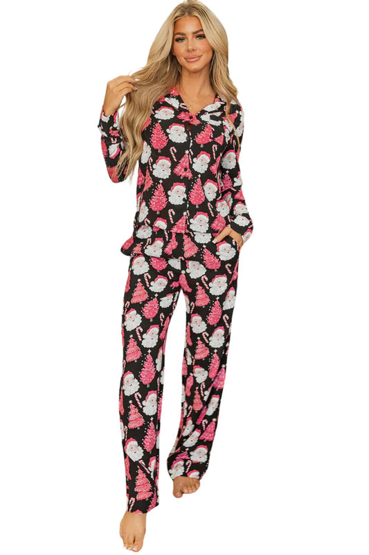 Black Santa Printed Two Piece Pajamas Set